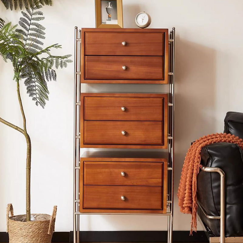 Contemporary Retro Rectangular Stainless Steel Rubberwood Pine Wood Cherry Wood Storage Cabinet 6-Drawer For Living Room