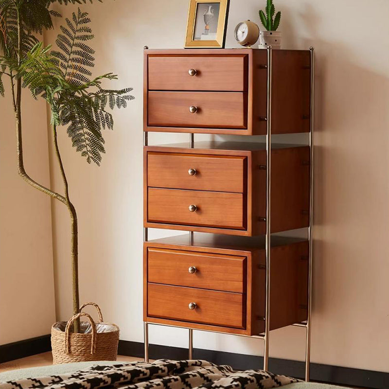 Contemporary Retro Rectangular Stainless Steel Rubberwood Pine Wood Cherry Wood Storage Cabinet 6-Drawer For Living Room