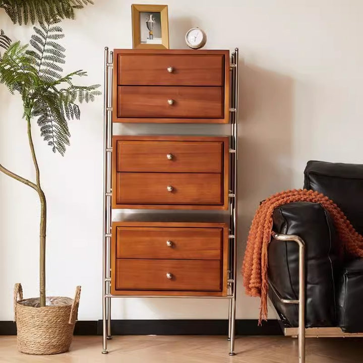 Armoire de rangement contemporaine rétro rectangulaire en acier inoxydable, hévéa, pin et bois de cerisier à 6 tiroirs pour salon 