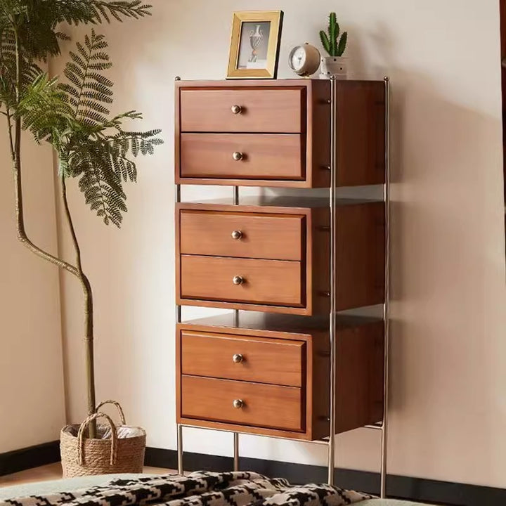Armoire de rangement contemporaine rétro rectangulaire en acier inoxydable, hévéa, pin et bois de cerisier à 6 tiroirs pour salon 