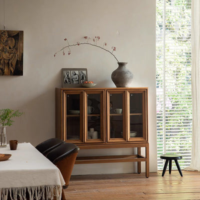 Traditional Rustic Rectangular Teak Glass Storage Cabinet 3-Tier For Living Room