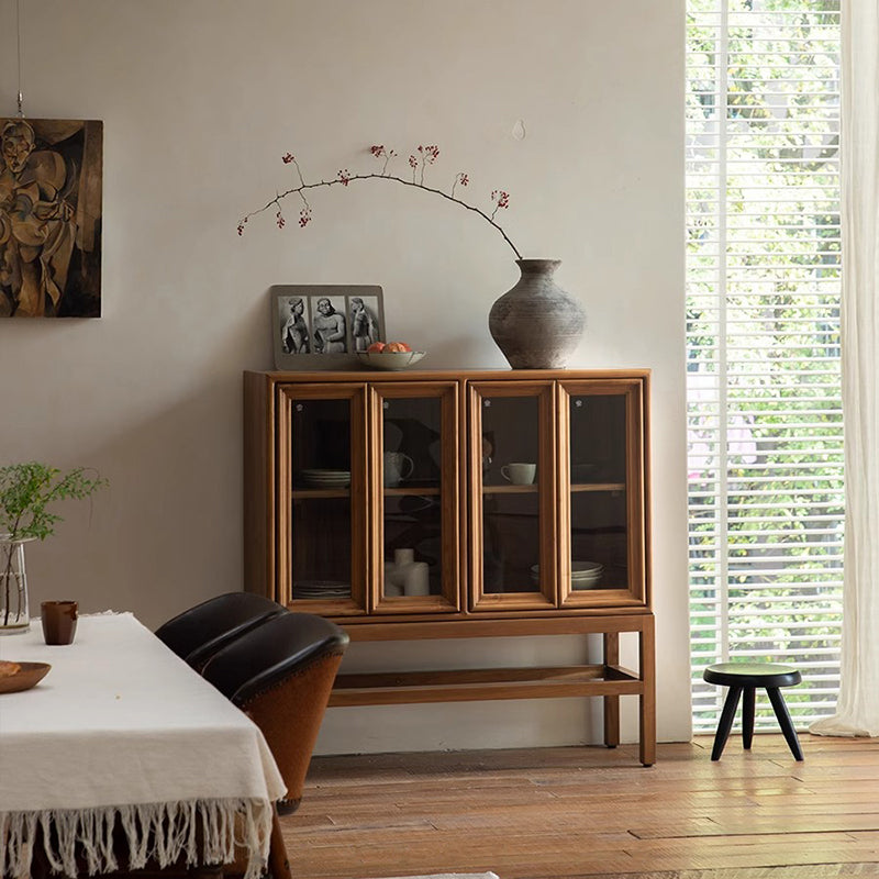 Traditional Rustic Rectangular Teak Glass Storage Cabinet 3-Tier For Living Room