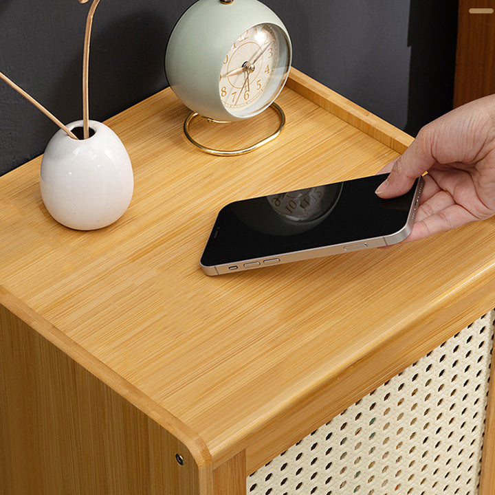 Traditional Rustic Rectangular Nan Bamboo Engineered Wood Plastic Rattan Nightstand 1-Cabinet For Bedroom