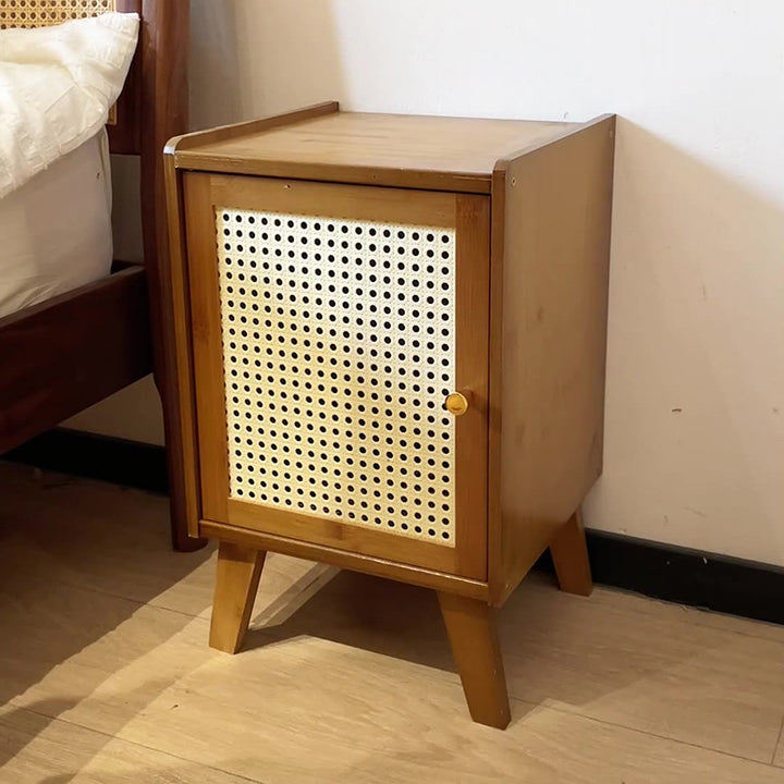 Traditional Rustic Rectangular Nan Bamboo Engineered Wood Plastic Rattan Nightstand 1-Cabinet For Bedroom