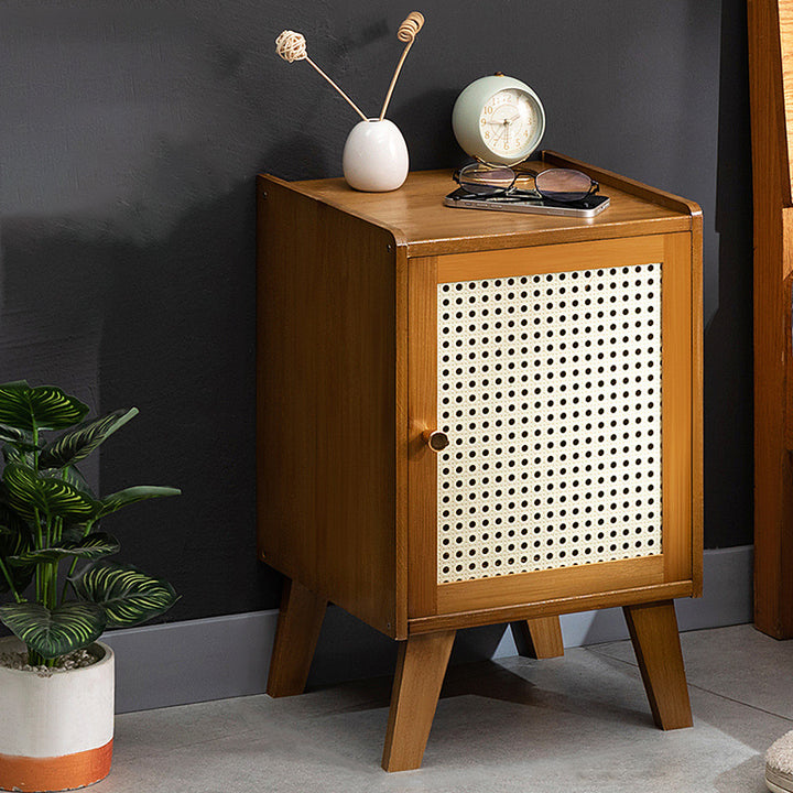Traditional Rustic Rectangular Nan Bamboo Engineered Wood Plastic Rattan Nightstand 1-Cabinet For Bedroom
