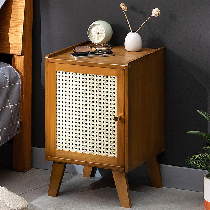 Traditional Rustic Rectangular Nan Bamboo Engineered Wood Plastic Rattan Nightstand 1-Cabinet For Bedroom