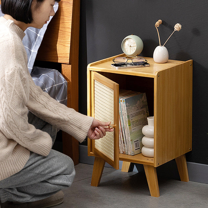 Traditional Rustic Rectangular Nan Bamboo Engineered Wood Plastic Rattan Nightstand 1-Cabinet For Bedroom