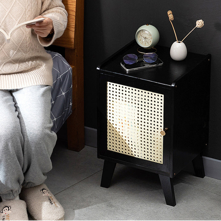 Traditional Rustic Rectangular Nan Bamboo Engineered Wood Plastic Rattan Nightstand 1-Cabinet For Bedroom