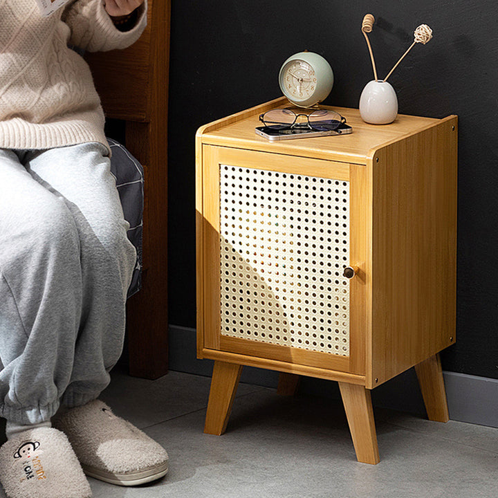 Traditional Rustic Rectangular Nan Bamboo Engineered Wood Plastic Rattan Nightstand 1-Cabinet For Bedroom