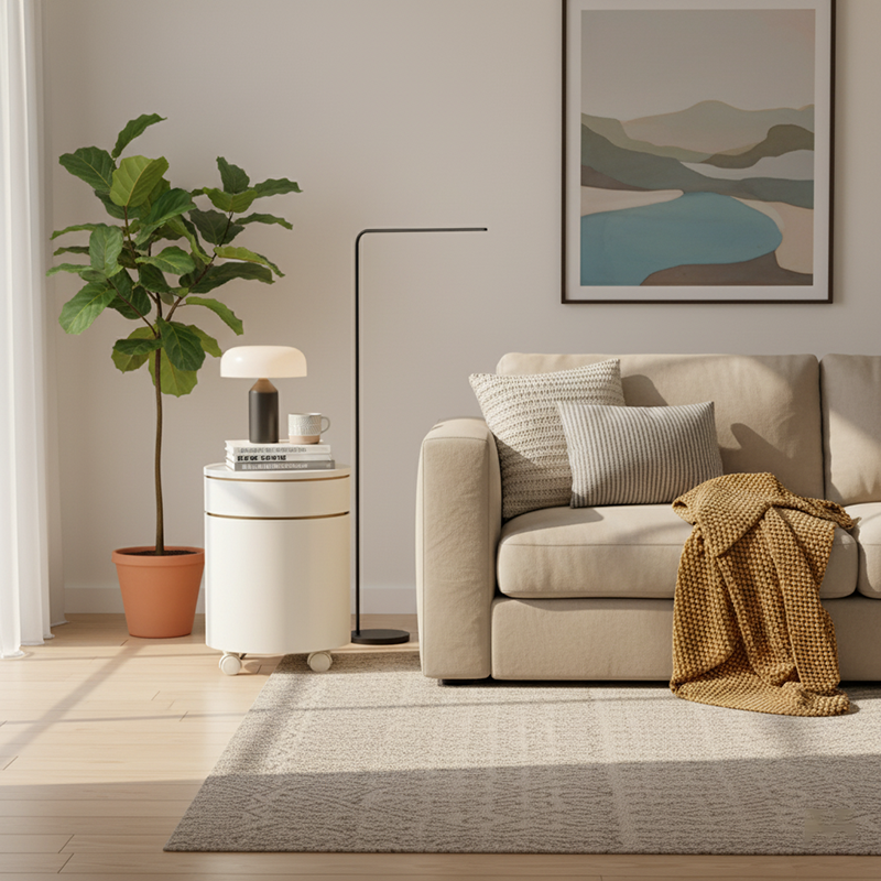 Modern Minimalist Rotatable Round ABS Steel Plate Movable End Table 2/3-Cabinet For Living Room