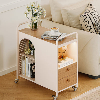 Modern Minimalist Rectangular Solid Wood Multi-Layer Board Iron End Table 2-Drawer For Living Room
