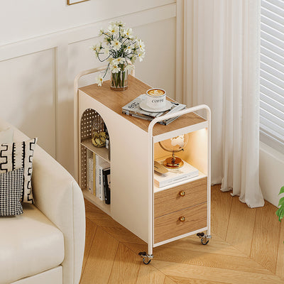 Modern Minimalist Rectangular Solid Wood Multi-Layer Board Iron End Table 2-Drawer For Living Room