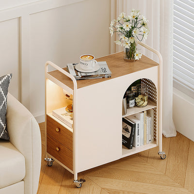 Modern Minimalist Rectangular Solid Wood Multi-Layer Board Iron End Table 2-Drawer For Living Room