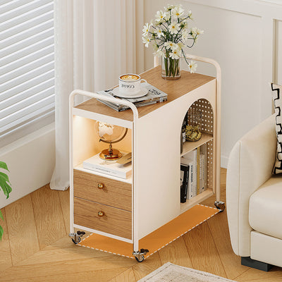 Modern Minimalist Rectangular Solid Wood Multi-Layer Board Iron End Table 2-Drawer For Living Room