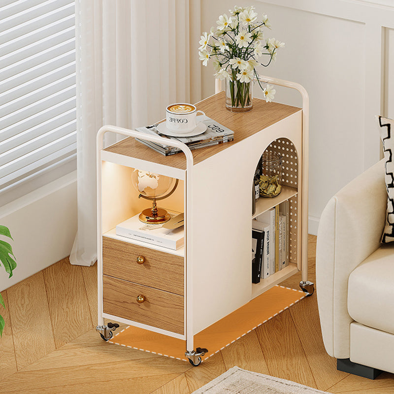 Modern Minimalist Rectangular Solid Wood Multi-Layer Board Iron End Table 2-Drawer For Living Room
