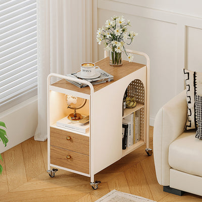 Modern Minimalist Rectangular Solid Wood Multi-Layer Board Iron End Table 2-Drawer For Living Room