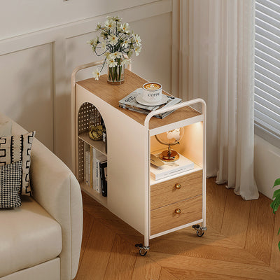Modern Minimalist Rectangular Solid Wood Multi-Layer Board Iron End Table 2-Drawer For Living Room