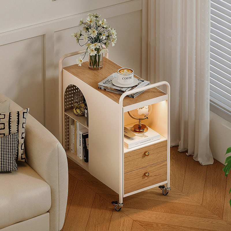 Modern Minimalist Rectangular Solid Wood Multi-Layer Board Iron End Table 2-Drawer For Living Room