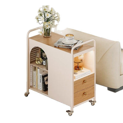 Modern Minimalist Rectangular Solid Wood Multi-Layer Board Iron End Table 2-Drawer For Living Room