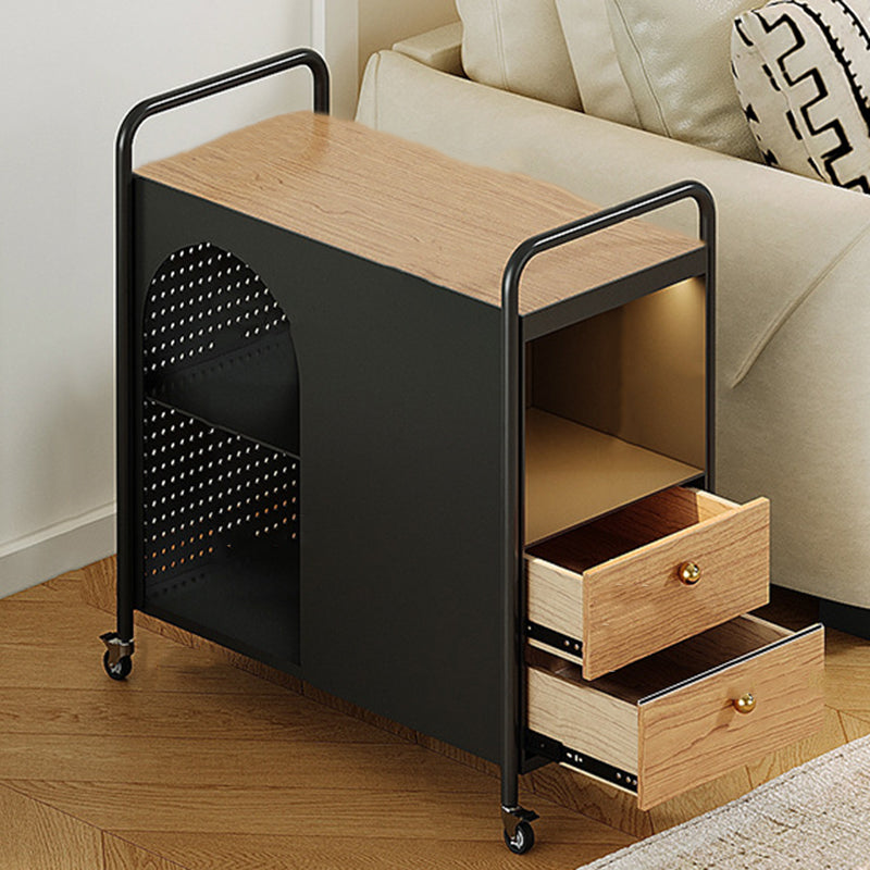 Modern Minimalist Rectangular Solid Wood Multi-Layer Board Iron End Table 2-Drawer For Living Room