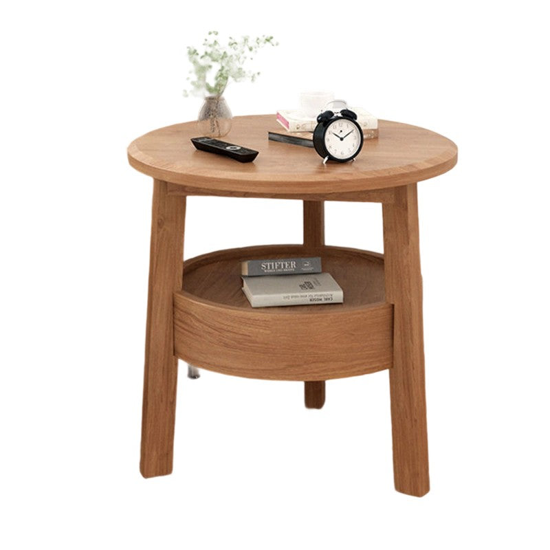 Modern Minimalist Round Rubberwood Side Table 1-Drawer For Living Room