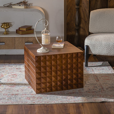 Traditional Vintage Square Geometric Carved Pattern MDF Coffee Table 1-Tier For Living Room