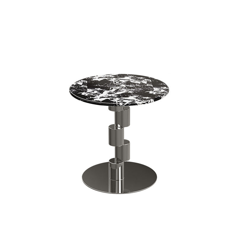 Table basse ronde industrielle contemporaine avec cylindre en acier inoxydable décalé et marbre, 1 niveau pour salon 