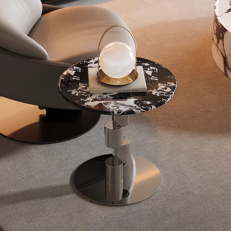 Table basse ronde industrielle contemporaine avec cylindre en acier inoxydable décalé et marbre, 1 niveau pour salon 