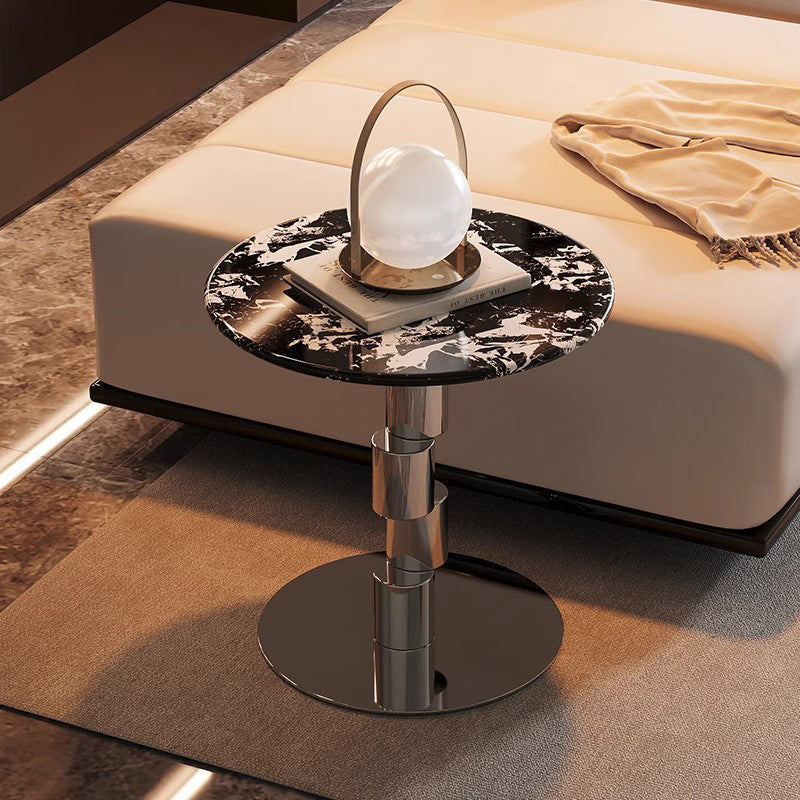 Table basse ronde industrielle contemporaine avec cylindre en acier inoxydable décalé et marbre, 1 niveau pour salon 