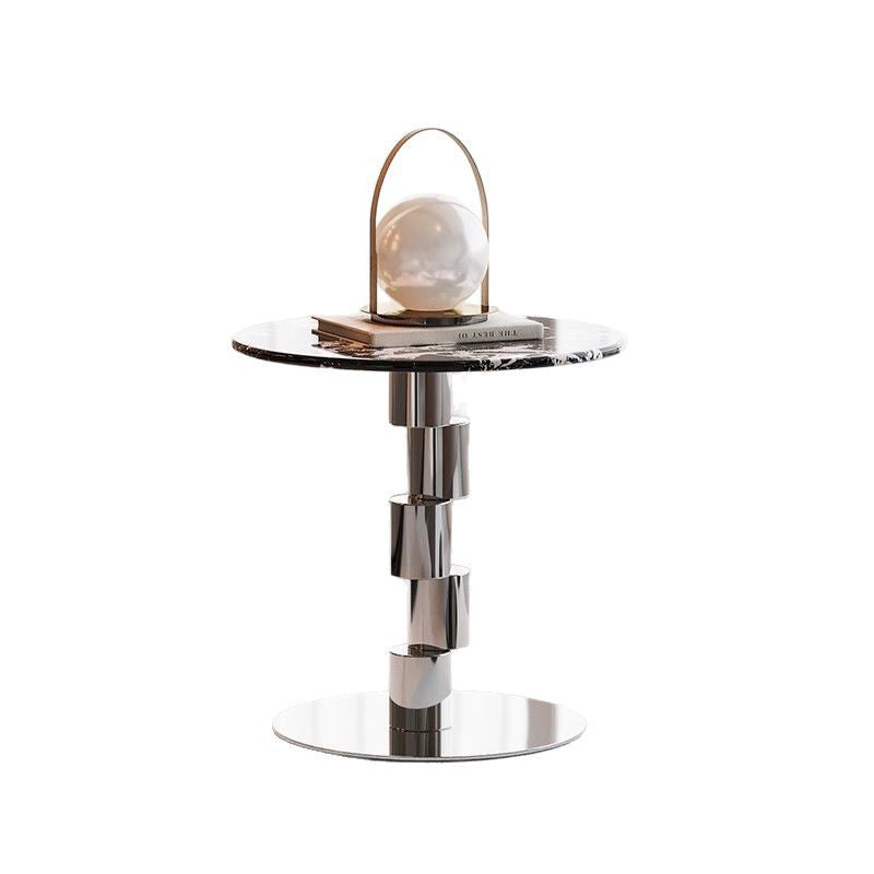 Table basse ronde industrielle contemporaine avec cylindre en acier inoxydable décalé et marbre, 1 niveau pour salon 