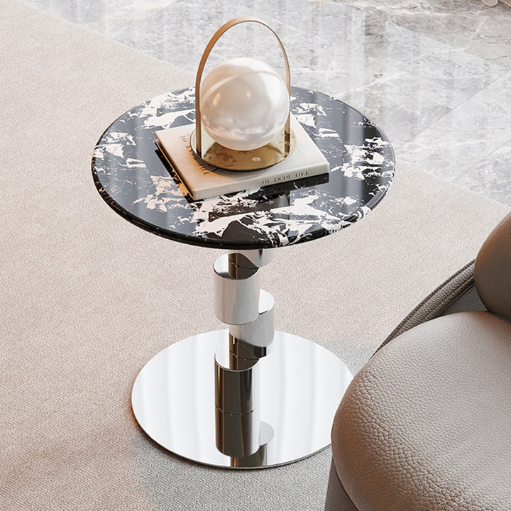 Table basse ronde industrielle contemporaine avec cylindre en acier inoxydable décalé et marbre, 1 niveau pour salon 