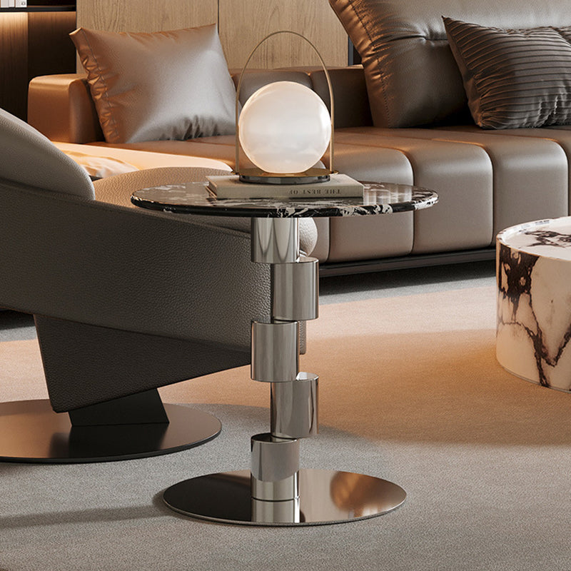 Table basse ronde industrielle contemporaine avec cylindre en acier inoxydable décalé et marbre, 1 niveau pour salon 