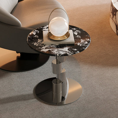 Contemporary Industrial Round & Misaligned Cylinder Stainless Steel Marble Coffee Table 1-Tier For Living Room
