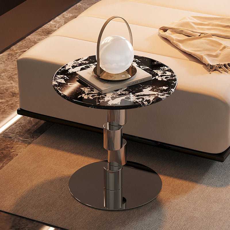 Contemporary Industrial Round & Misaligned Cylinder Stainless Steel Marble Coffee Table 1-Tier For Living Room