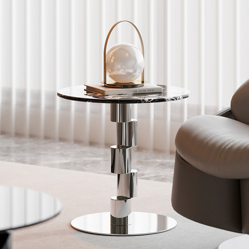 Table basse ronde industrielle contemporaine avec cylindre en acier inoxydable décalé et marbre, 1 niveau pour salon 