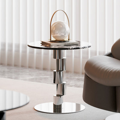 Contemporary Industrial Round & Misaligned Cylinder Stainless Steel Marble Coffee Table 1-Tier For Living Room