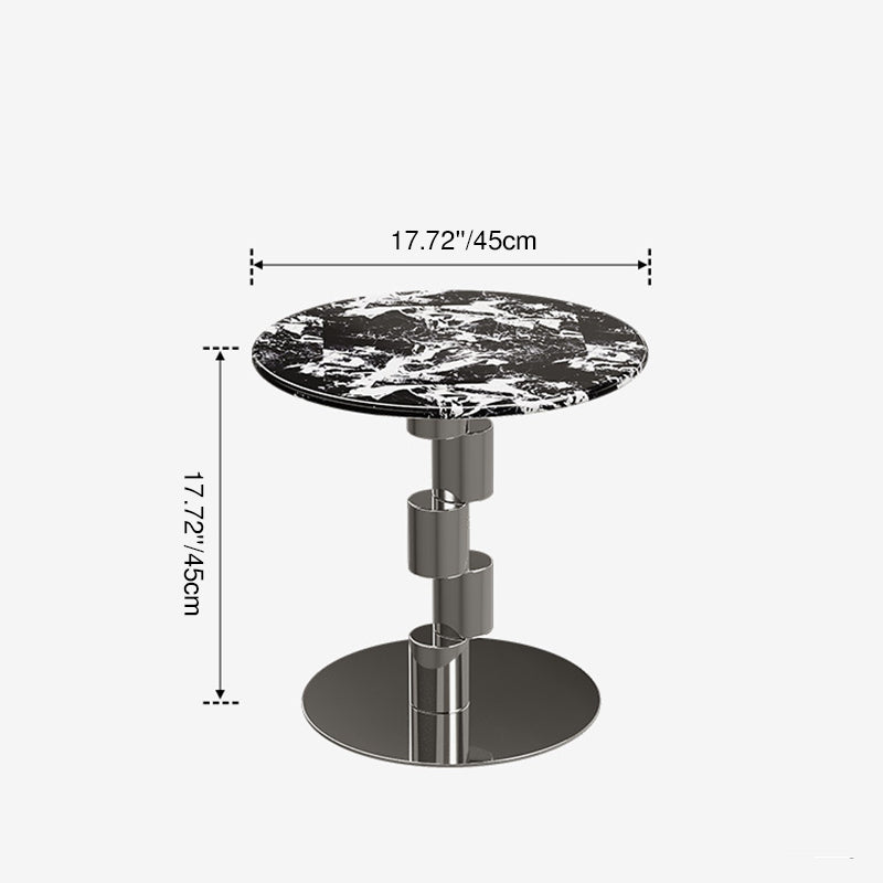 Table basse ronde industrielle contemporaine avec cylindre en acier inoxydable décalé et marbre, 1 niveau pour salon 