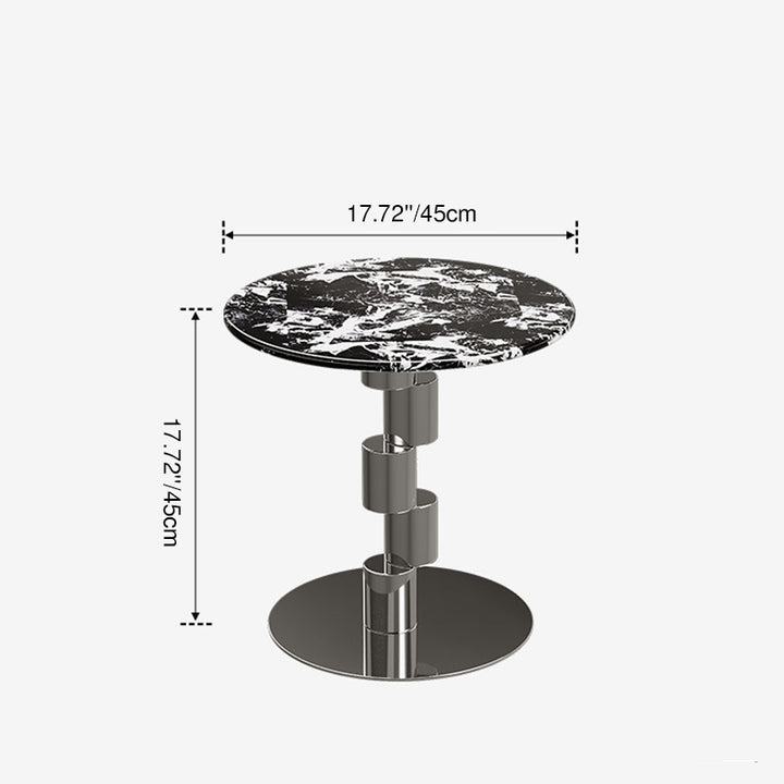 Table basse ronde industrielle contemporaine avec cylindre en acier inoxydable décalé et marbre, 1 niveau pour salon 