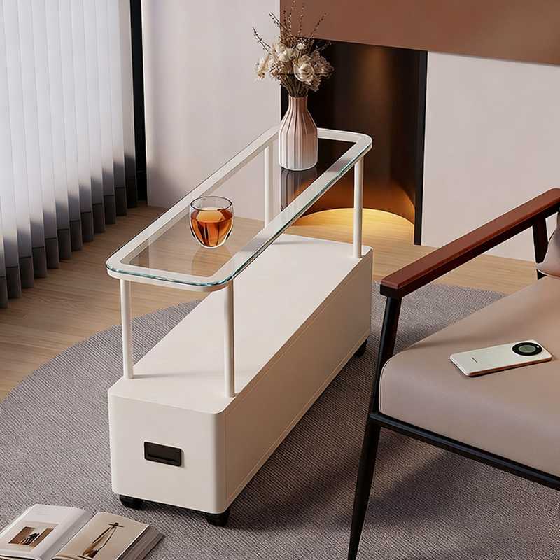 Moderner minimalistischer ultraflacher rechteckiger beweglicher Beistelltisch aus gehärtetem Glas, Metall und Spanplatte mit 1 Schublade fürs Schlafzimmer 