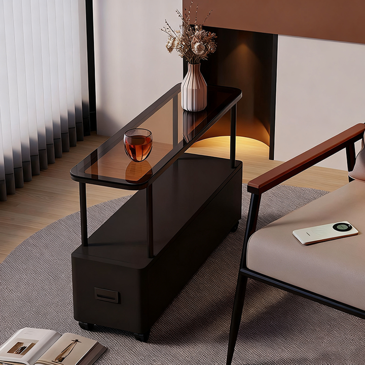 Moderner minimalistischer ultraflacher rechteckiger beweglicher Beistelltisch aus gehärtetem Glas, Metall und Spanplatte mit 1 Schublade fürs Schlafzimmer 