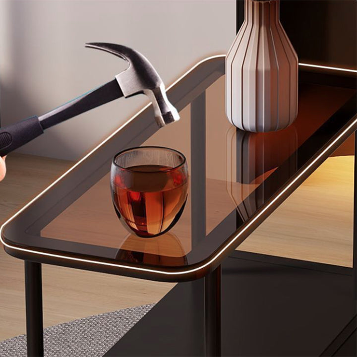 Moderner minimalistischer ultraflacher rechteckiger beweglicher Beistelltisch aus gehärtetem Glas, Metall und Spanplatte mit 1 Schublade fürs Schlafzimmer 
