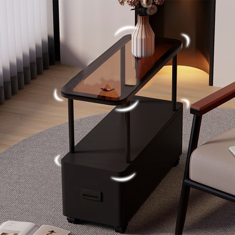 Moderner minimalistischer ultraflacher rechteckiger beweglicher Beistelltisch aus gehärtetem Glas, Metall und Spanplatte mit 1 Schublade fürs Schlafzimmer 