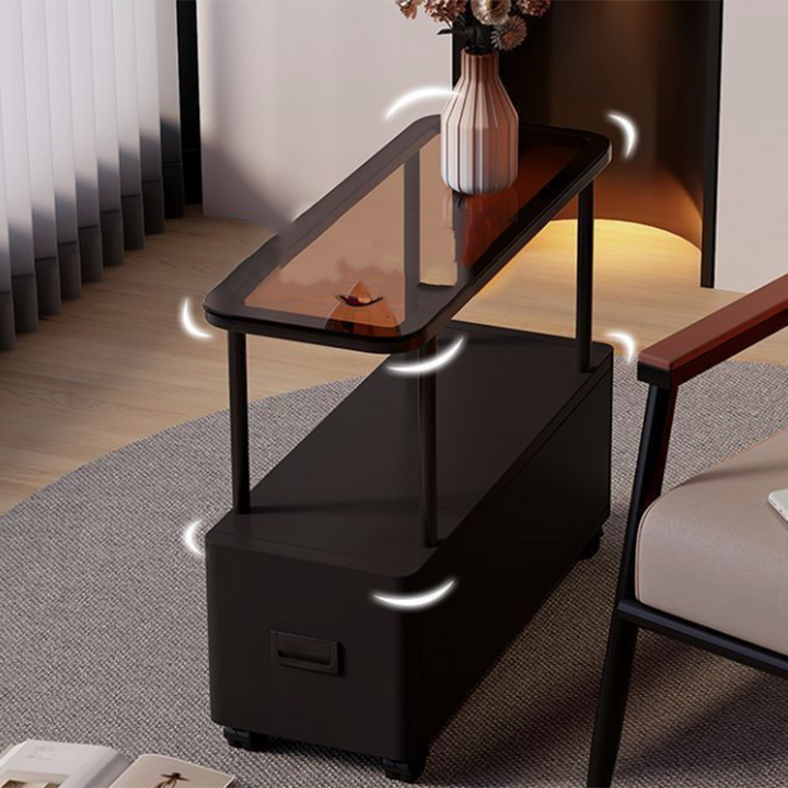 Moderner minimalistischer ultraflacher rechteckiger beweglicher Beistelltisch aus gehärtetem Glas, Metall und Spanplatte mit 1 Schublade fürs Schlafzimmer 