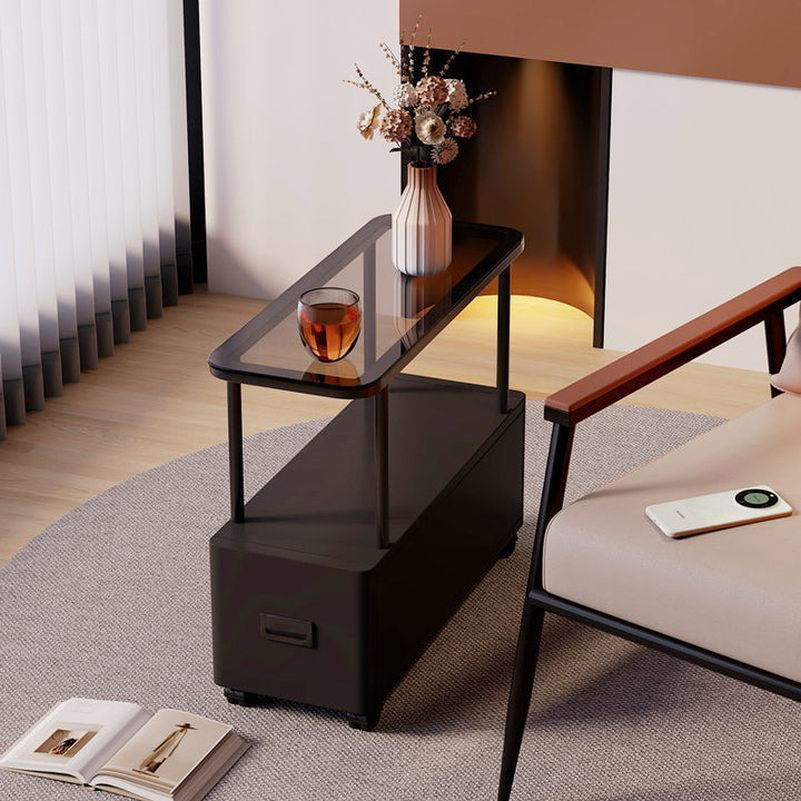 Moderner minimalistischer ultraflacher rechteckiger beweglicher Beistelltisch aus gehärtetem Glas, Metall und Spanplatte mit 1 Schublade fürs Schlafzimmer 