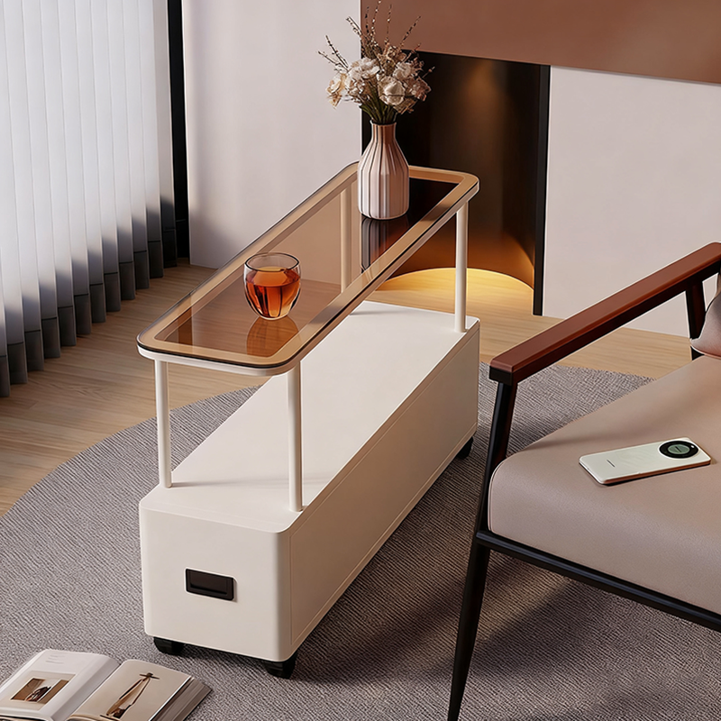 Moderner minimalistischer ultraflacher rechteckiger beweglicher Beistelltisch aus gehärtetem Glas, Metall und Spanplatte mit 1 Schublade fürs Schlafzimmer 