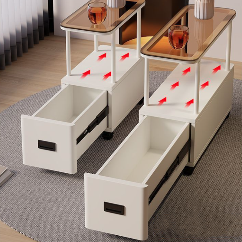 Moderner minimalistischer ultraflacher rechteckiger beweglicher Beistelltisch aus gehärtetem Glas, Metall und Spanplatte mit 1 Schublade fürs Schlafzimmer 