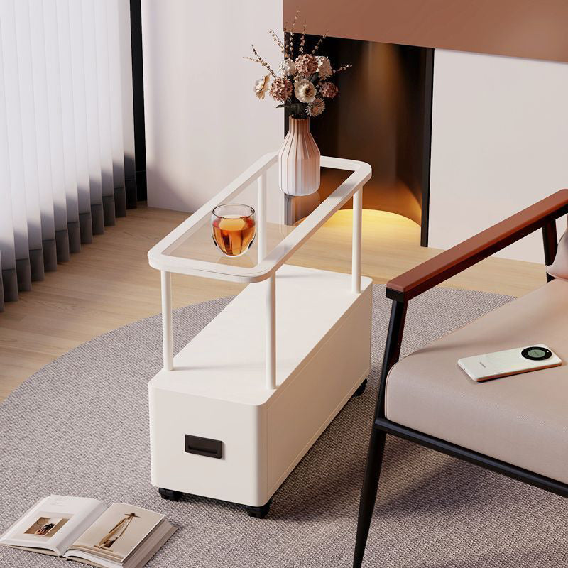 Moderner minimalistischer ultraflacher rechteckiger beweglicher Beistelltisch aus gehärtetem Glas, Metall und Spanplatte mit 1 Schublade fürs Schlafzimmer 