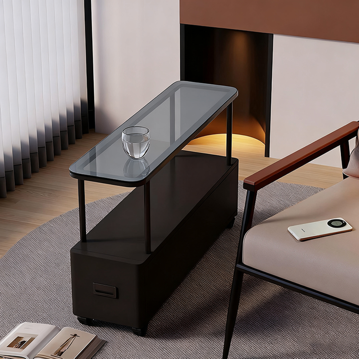 Moderner minimalistischer ultraflacher rechteckiger beweglicher Beistelltisch aus gehärtetem Glas, Metall und Spanplatte mit 1 Schublade fürs Schlafzimmer 