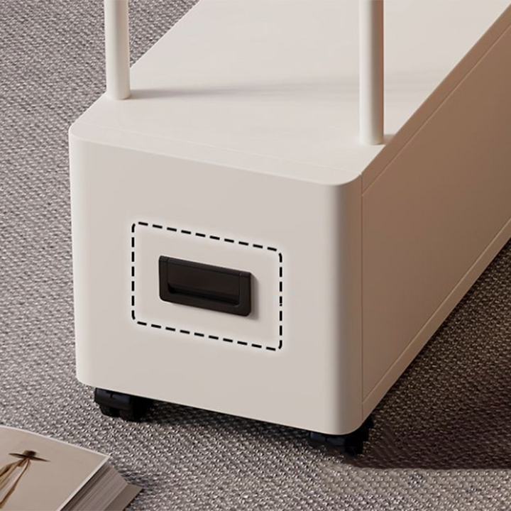Moderner minimalistischer ultraflacher rechteckiger beweglicher Beistelltisch aus gehärtetem Glas, Metall und Spanplatte mit 1 Schublade fürs Schlafzimmer 