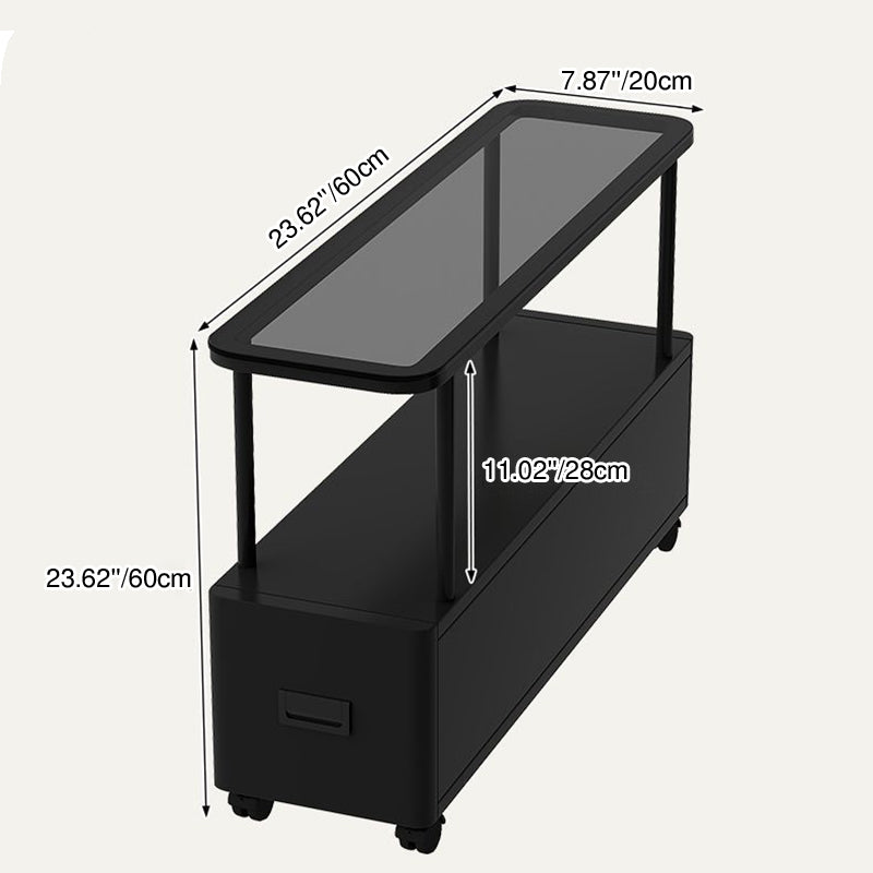 Moderner minimalistischer ultraflacher rechteckiger beweglicher Beistelltisch aus gehärtetem Glas, Metall und Spanplatte mit 1 Schublade fürs Schlafzimmer 